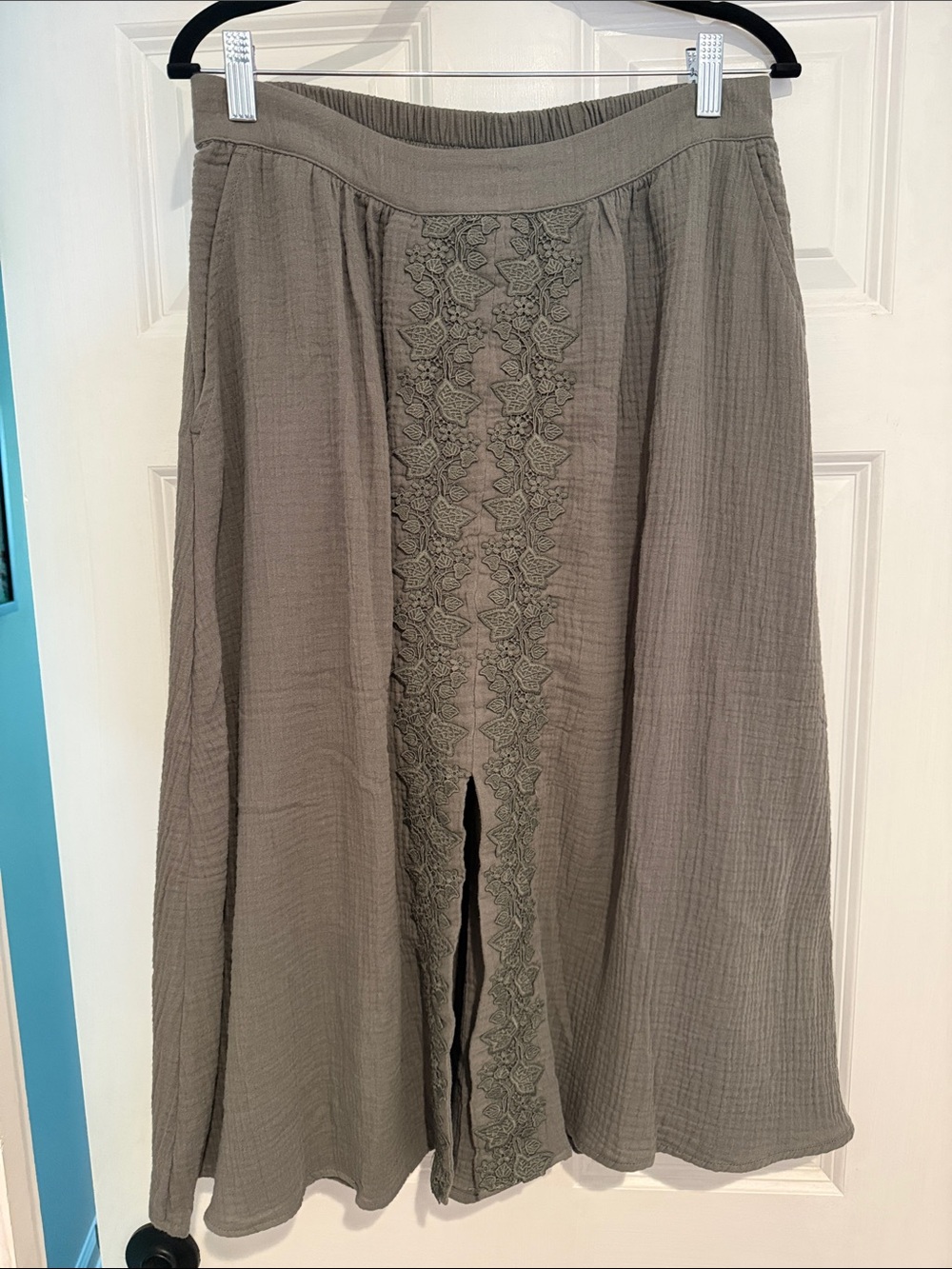Olive Green Embroidered Midi Skirt